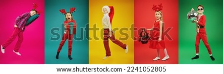 Christmas and New Year's set of photos of cute holiday children on bright colorful studio backgrounds.