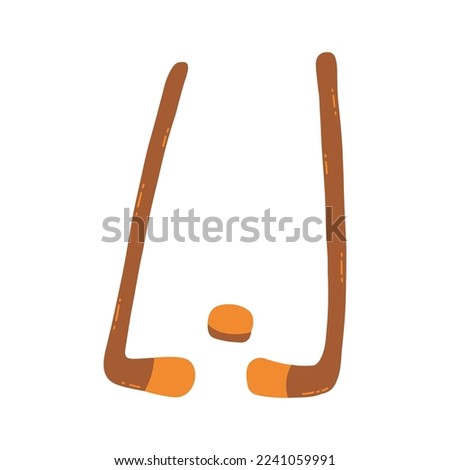 Hockey sticks and puck. Equipment for playing on ice. Winter sport, leisure and activity. Colorful vector isolated illustration hand drawn doodle design element card
