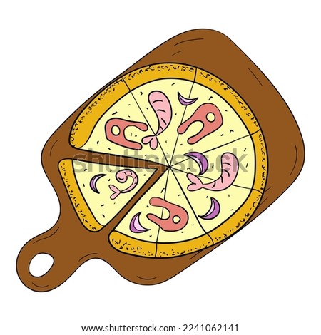 seafood pizza on a blackboard vector illustration.