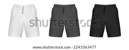Set realistic white, gray, black shorts base cloth isolated on clean background. Collection blank mockup for branding man or woman fashion. Design casual template. 3d vector illustration. Royalty-Free Stock Photo #2241063477