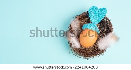 Easter bunny or rabbit in a bird nest, made from an egg and crocheted ears, spring holiday, greeting card 