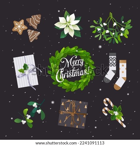 Christmas traditional decorations, winter holiday spirit, greeting card graphic assets