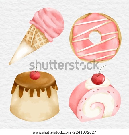 watercolor dessert menu clip art set ice cream dunut pudding and roll cake