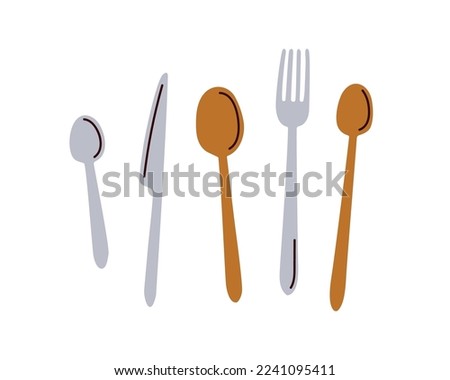 Kitchen cutlery set. Table knife, tablespoon, teaspoon, metal spoon and steel fork. Flatware top view. Dining, eating tools collection. Flat vector illustrations isolated on white background Royalty-Free Stock Photo #2241095411