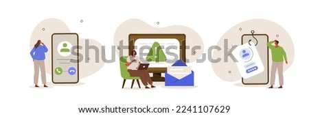 Cyber crime set. Characters loss personal data, answering a scam call and get spam mail with virus. Phishing, data breach and information leakage concept. Vector illustration.
 Royalty-Free Stock Photo #2241107629