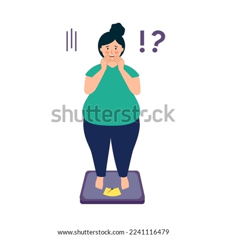 Overweight woman standing on body scale in flat design on white background. Weight gain anxiety. Royalty-Free Stock Photo #2241116479
