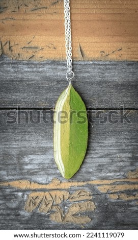 Close up leaf shaped pendant with chain concept photo. Stylish jewelry. Top view photography with old wooden table on background. High quality picture for wallpaper, travel blog, magazine, article