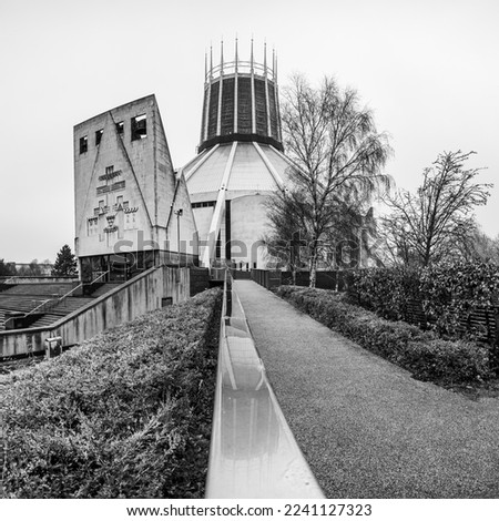 The Liverpool Metropolitan Cathedral pictured at the end of a pathway and wet railing pictured in December 2022.