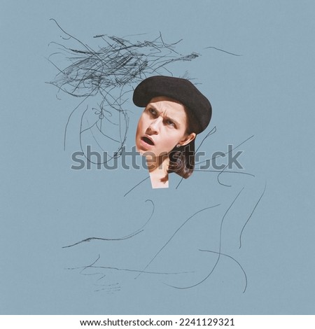 Contemporary art collage with fashionable stylish young woman head over blue background with doodles, pencil sketches. Style, fashion, beauty. Concept of art, creativity, aspiration. Copy space for ad