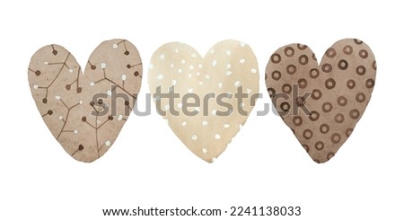 Set of watercolor hearts with different patterns. Brown textures.