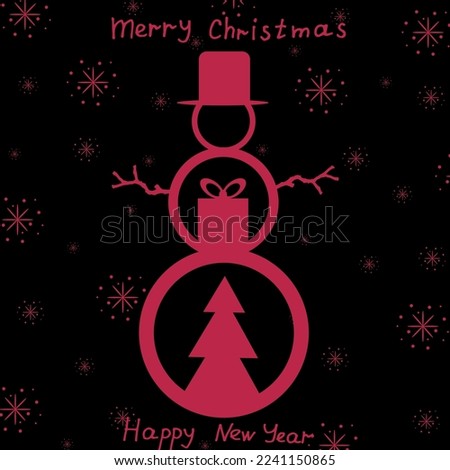 Creative christmas card with viva magenta outline snowman in top hat with fir and gift box inside with snowflakes and inscription merry christmas and happy new year. Website banner.