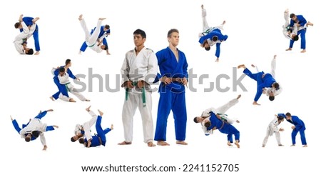 Collage of young sportive men in white and ble kimono costumes training martial arts, karate isolated over white background. Concept of martial art, combat sport, energy, strength, motivation and ad Royalty-Free Stock Photo #2241152705