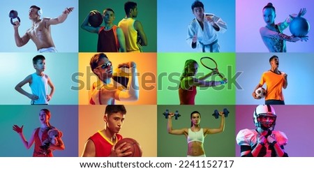 Collage made of portraits of diverse professional atheletes of different age doing various sports isolated over mulricolored background in neon. Concept of action, sport life, motivation, competition. Royalty-Free Stock Photo #2241152717