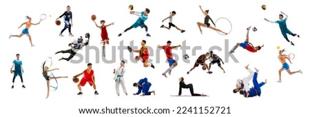 Collage of sportive people, adults and children doing different sports, posing isolated over white background. Concept of action, motion, sport life, motivation, competition. Copy space for ad. Royalty-Free Stock Photo #2241152721