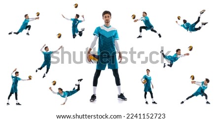 Collage of movements. Young man, volleyball player in motion, training, playing isolated over white background. Sport, development of movements. Concept of active lifestyle, health, ad Royalty-Free Stock Photo #2241152723