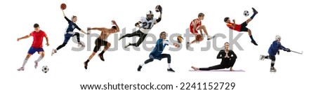 Collage of sportive people, adults and children doing different sports, posing isolated over white background. Concept of action, motion, sport life, motivation, competition. Flyer for ad.