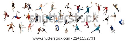 Volleyball, basletball, fooyball, tennis, mma. Mega collage of professional athletes isolated over white background. Concept of action, motion, sport life, motivation, competition. Copy space for ad. Royalty-Free Stock Photo #2241152731