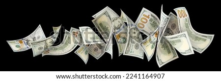 Flying 100 American dollars banknotes, isolated on black background