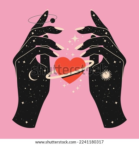 Mystical celestial woman hands with starry space texture and red heart between them as metaphor of love or hope. Spiritual mystical concept for poster or t-shirt. Esoteric magic. Vector illustration Royalty-Free Stock Photo #2241180317