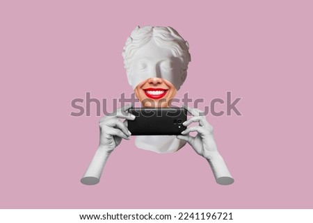 Young smiling woman headed by antique statue with red lips showing tongue holds mobile phone isolated on a pink background. 3d trendy collage in magazine style. Contemporary art. Modern design