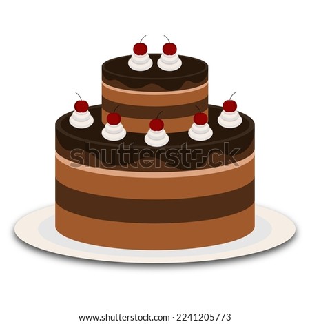 Vector flat illustration of chocolate cake with glaze, whipped cream, and cherries