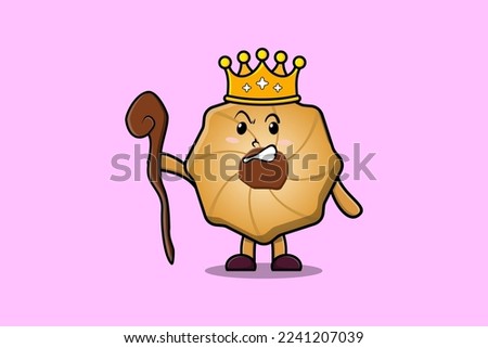 Cute cartoon Cookies mascot as wise king with golden crown and wooden stick illustration