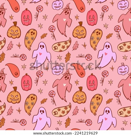 Groovy halloween pattern with pumpkins in retro 70s style. Psychedelic pink illustration of hippie design elements. Vector