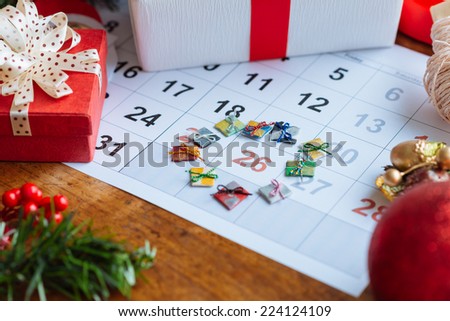 Decorations and calendar with Boxing Day marked out Royalty-Free Stock Photo #224124109