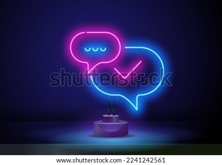 Communication neon sign. Luminous signboard with speech clouds. Night bright advertisement.