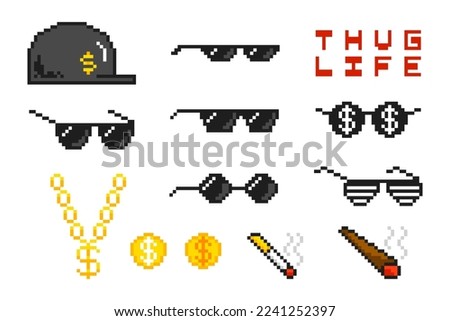 Boss pixel attributes, bandit pixel glasses, gangster gold chain, cap and cigarettes. The life of a thug boss pixel glasses, gold chain, money, cap, cigarettes and cigars. Vector illustration. Royalty-Free Stock Photo #2241252397