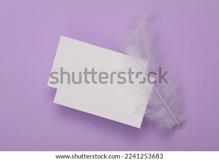 Two white Blank business cards for branding with feather on purple background.