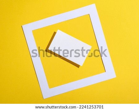 White Blank business cards= for corporate identity with frame on yellow background. Creative mockup.