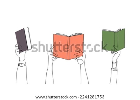 Group of raised people hands holding books. One line drawing style. Reading, education concept. Hand drawn vector Illustration.