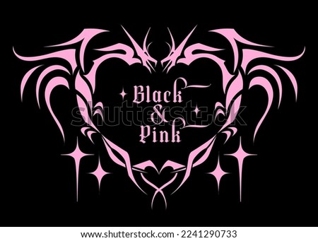 Goth glam tattoo print with heart shaped dragons emo goth slogan. Black and pink concept. Nostalgia Glamor trendy 2000's, 1990's aesthetic. Rock love vector icon with silhouette tat. Royalty-Free Stock Photo #2241290733