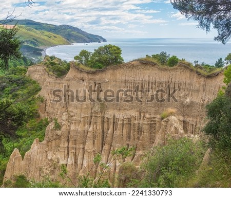 The Cathedral Cliffs conglomerate and sandstone formation similar to "Badlands", near Gore Bay in the South Island of New Zealand Royalty-Free Stock Photo #2241330793