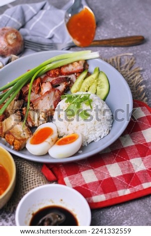 Thai dish '' Khao mu daeng '' or red sauce pork stew with rice and spring onions served in a gray plate on the black table in the restuarant