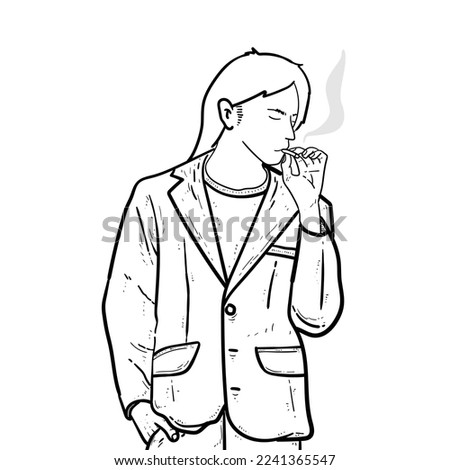Sketch student with suit smoking cigarette white Background vector modern illustration