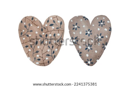 Brown watercolor hearts. Pattern of stylized twigs and flowers.   