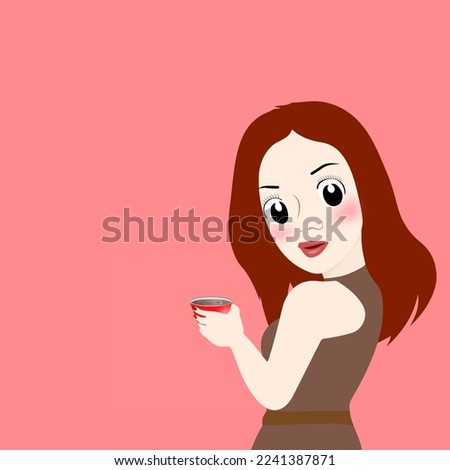 Cute smiling brunette girl in black dress holding paper coffee cup template isolated on peach background vector illustration.
