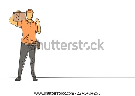 Single one line drawing deliveryman stands with celebrate gesture carrying package box that customer order to be delivered safely. Success job. Continuous line draw design graphic vector illustration