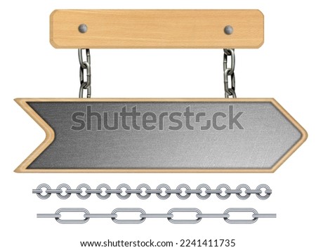 nameplate on a chain, a wooden sign hanging on a chain, a banner for advertising and announcements, a target sign isolated from the background