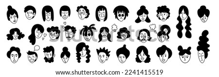 Curly hair people, hand drawn heads men, women and child, face doodle. Ink art, cute hipster portrait collection, cute funny pencil line drawing characters. Vector cartoon tidy illustration