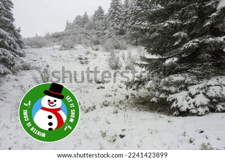 Snowman cheerful at Chrismas time,wallpaper, Happy New Year 2023 with greeting icon . Winter holiday landscape with snowdrifts and snowy fir trees. landscape for winter and new year holidays.