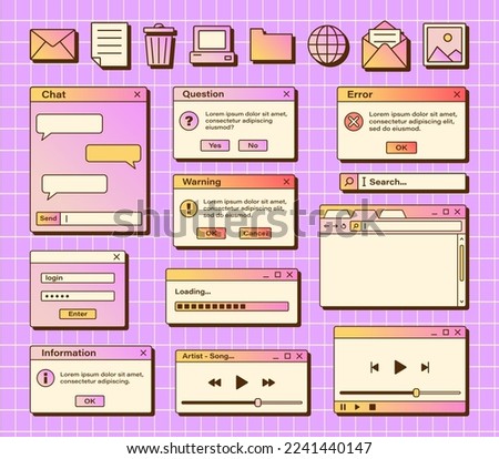 Vector set of retro vaporwave computer interface. Gradient browser and dialog window templates. Nostalgic OS. Y2k icons. Royalty-Free Stock Photo #2241440147