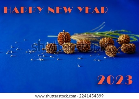 Greeting card Happy New Year 2023, Orange number with pine cone and ornaments on blue background