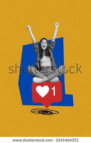 Collage artwork graphics picture of funky lucky lady sitting feedback sign rising fists isolated painting background Royalty-Free Stock Photo #2241464353