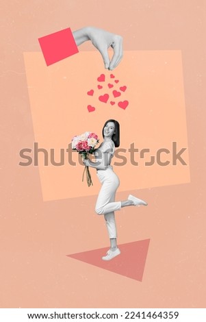 Creative photo 3d collage artwork poster of happy pretty lady under big hand pour heart figure isolated on painting background