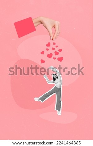 Creative abstract collage template graphics image of happy funky lady catching 14 february hearts isolated drawing background