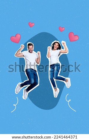Creative retro 3d magazine collage image of lucky funny couple enjoying 14 february together isolated painting background