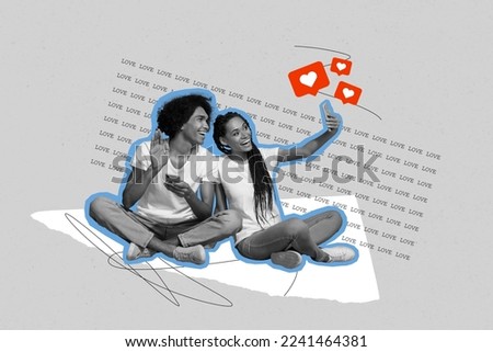 Creative photo 3d collage artwork poster postcard of two funny people broadcasting live stream isolated on painting background